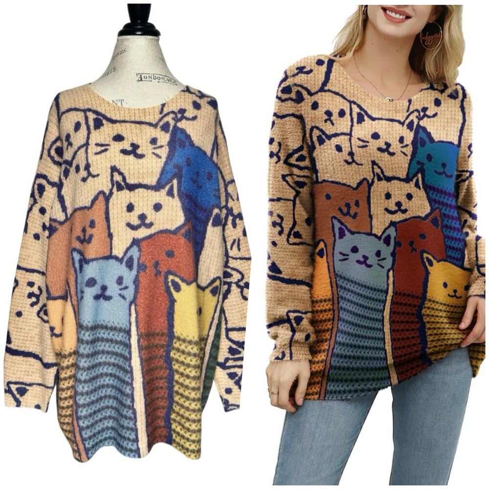 Unbranded | Women | Cat Print Cotton Wool Blend Cozy Oversized Sweater | L-XXL